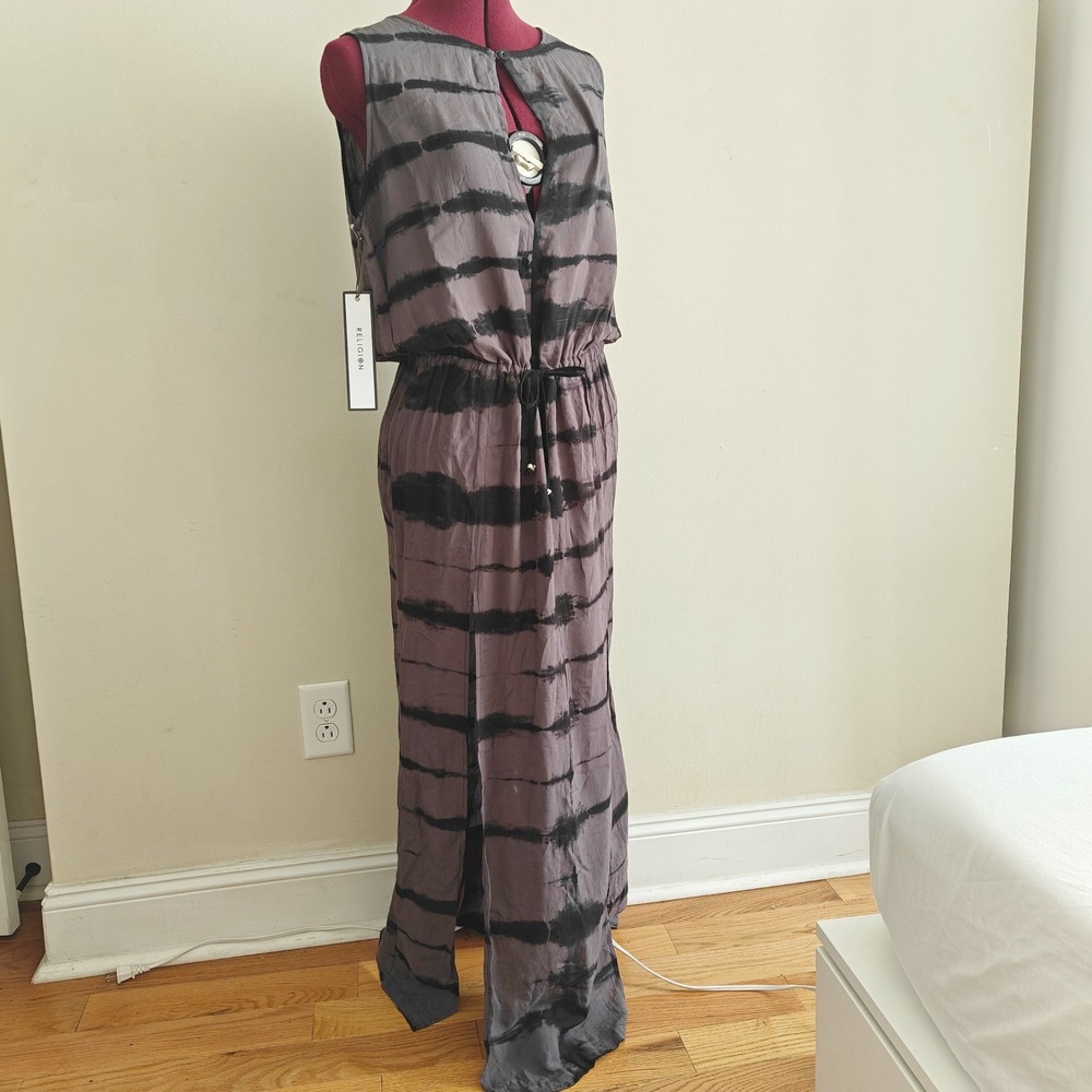 Religion Black Grey Side Slit Maxi Dress TieDye Medium NWT Sleeveless Skull Bead